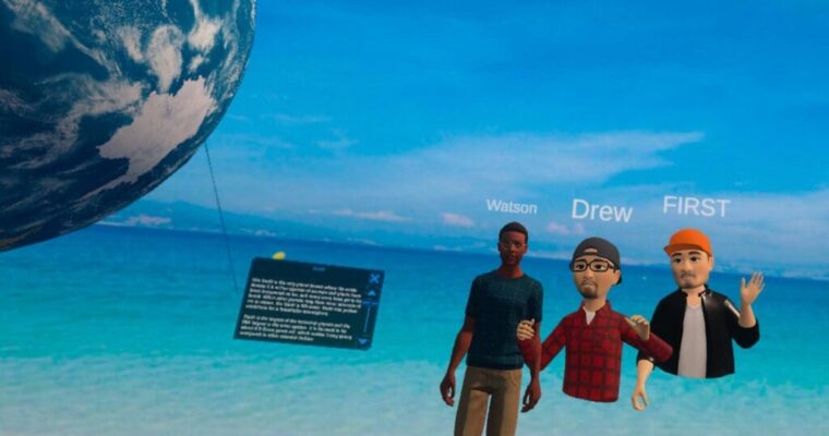 Three avatars stand together in a virtual beach environment with name labels above them.