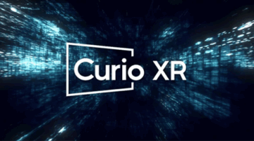 Curio XR logo in white text on a dark blue abstract background.