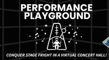 Virtual concert hall scene labeled “Performance Playground” with a figure on stage and music icons, representing practicing public speaking or performance in XR.