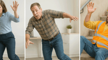 Three people reacting to slipping or losing balance in different environments, representing workplace safety training scenarios.