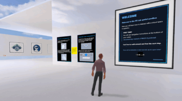 Virtual gallery space with instructional panels about navigation and interaction, viewed by an avatar inside an XR sandbox environment.