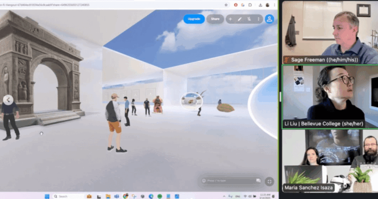 Screenshot of a virtual XR meeting showing avatars in a bright 3D environment with an arch structure, alongside Zoom participants on the right