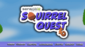 Colorful game title screen reading “Squirrel Quest” with stylized trees and sky background, representing an interactive XR learning experience.