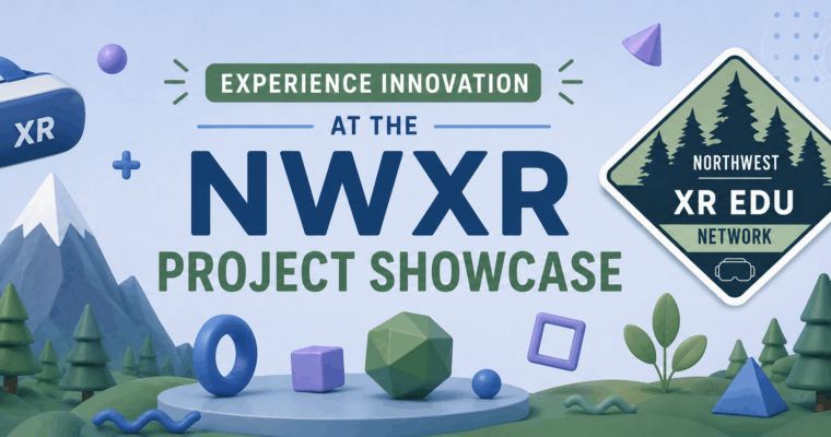 Banner for the Northwest XR Project Showcase featuring the NWXR EDU Network logo, VR-themed graphics, geometric shapes, mountains, trees, and event title text.