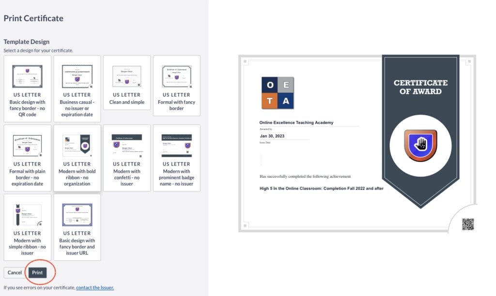 Certificate templates on Parchment with the Print button highlighted in the bottom left hand corner.
