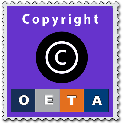 Square graphic resembling a postage stamp with a purple background, copyright symbol, and letters O, E, T, A at the bottom.