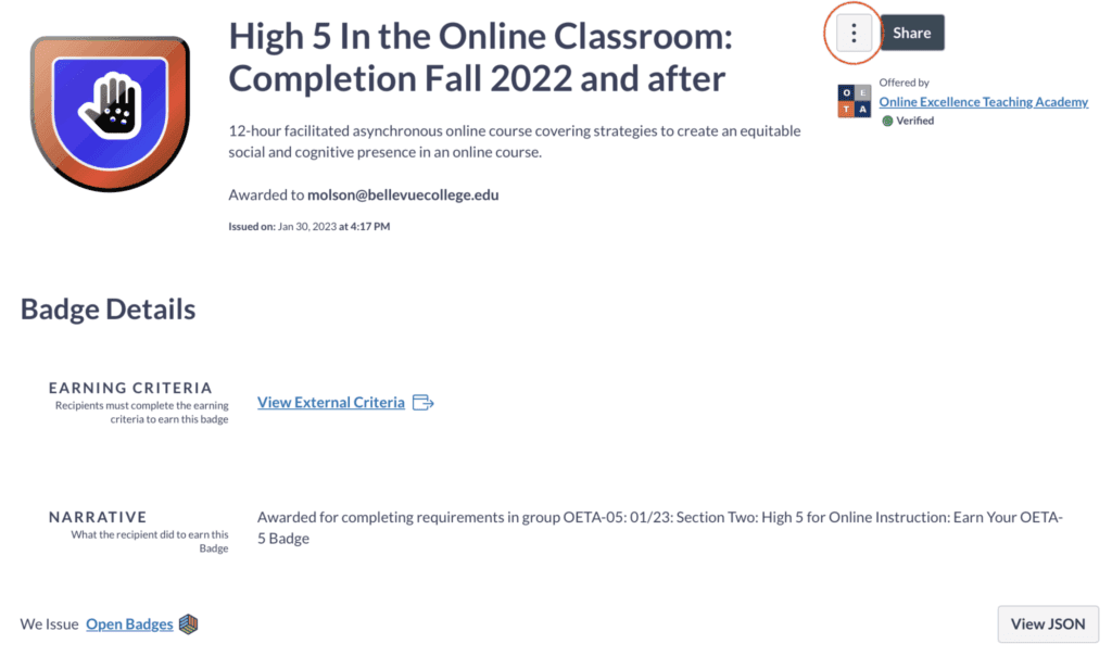 Digital badge for "High 5 In the Online Classroom," with three dots in the upper right highlighted for selection.