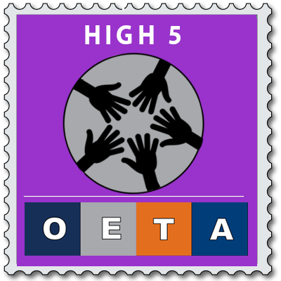 A postage stamp design with "HIGH 5" text, hands reaching inward, and "OETA" at the bottom.