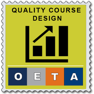 A stamp-like badge with "QUALITY COURSE DESIGN" text, a growth chart icon, and "OETA" at the bottom.