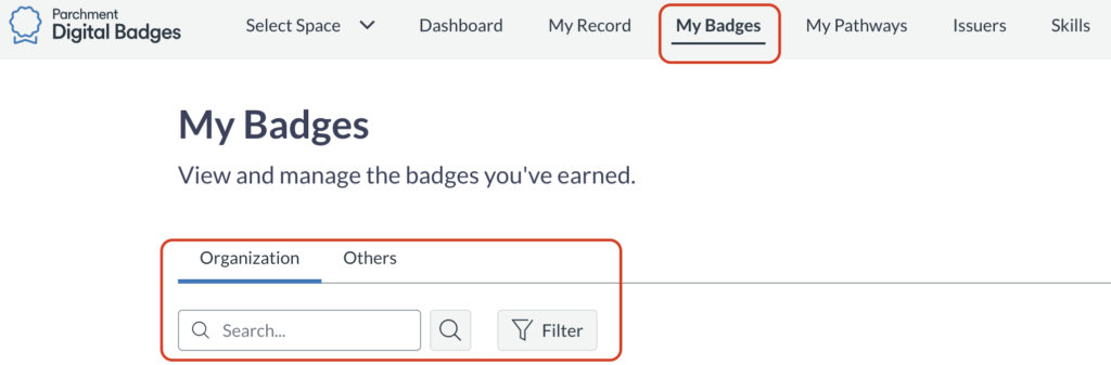 Webpage of Canvas Credentials displaying the "My Badges" section. Filter options are highlighted.
