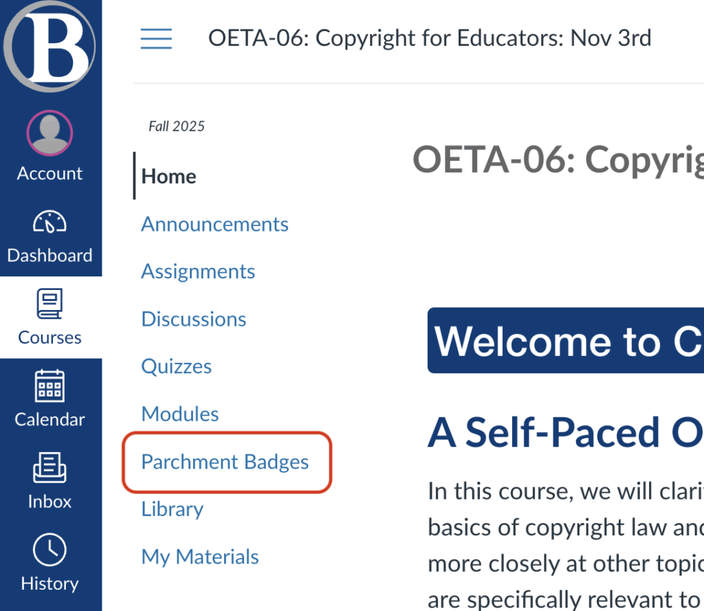 Screenshot of the Canvas interface with a navigation menu and course header. Parchment Badges is highlighted to show selection.