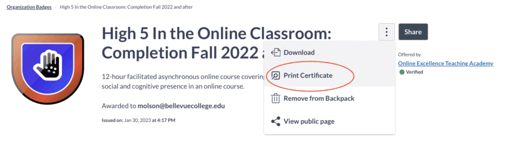 Digital badge for "High 5 In the Online Classroom" completion with options to download, print, and share. Print certificate highlighted for selection.