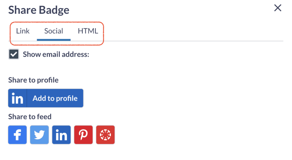 Share Badge interface with LinkedIn profile sharing and social feed options.