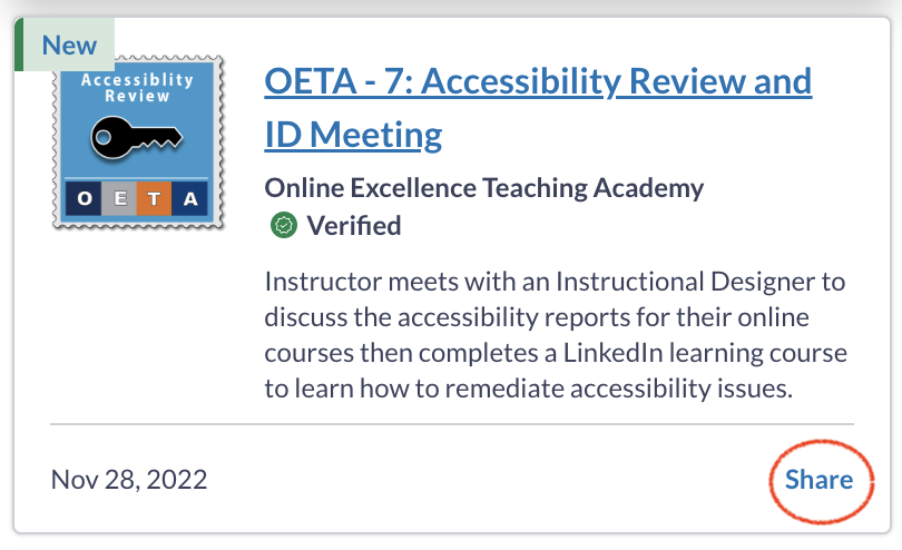 A badge for "OETA - 7: Accessibility Review and ID Meeting" highlighting the share button in the lower right corner.