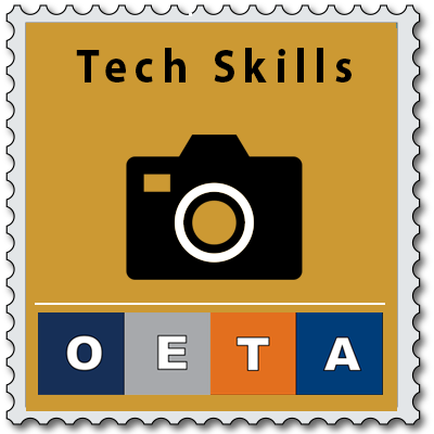 Digital badge resembling a postage stamp with a black camera icon and "Tech Skills" text.