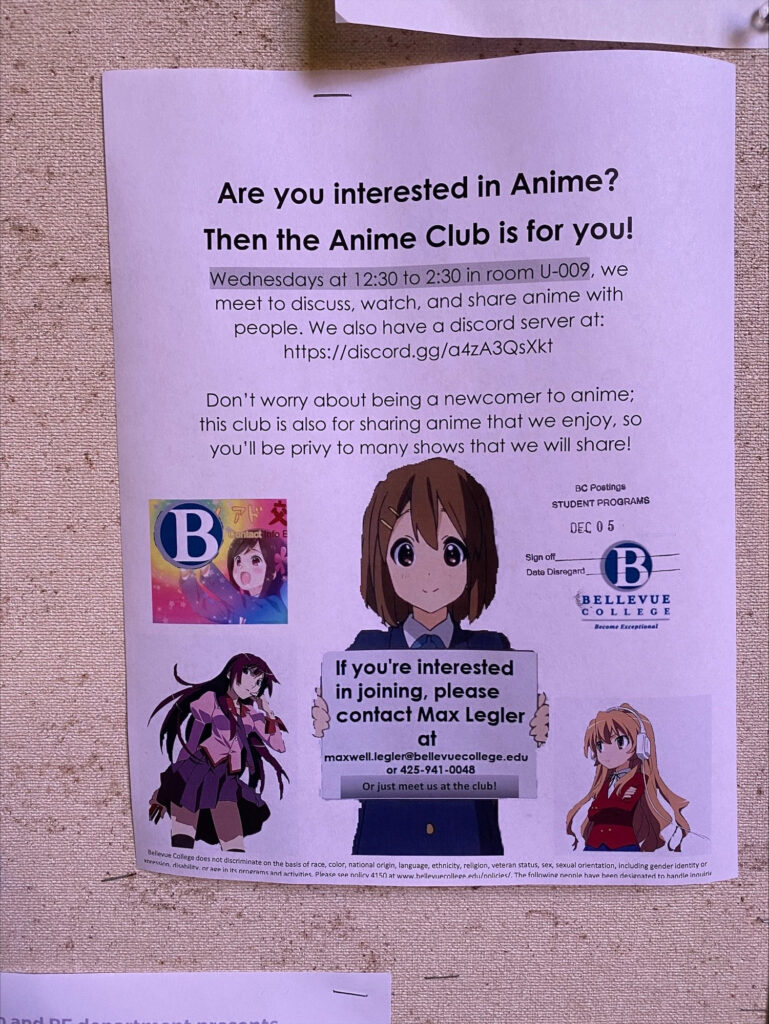A 2022 flyer titled "Are You Interested in Anime?" for Bellevue College's Anime Club, which displays various images and details about meeting arrangements.