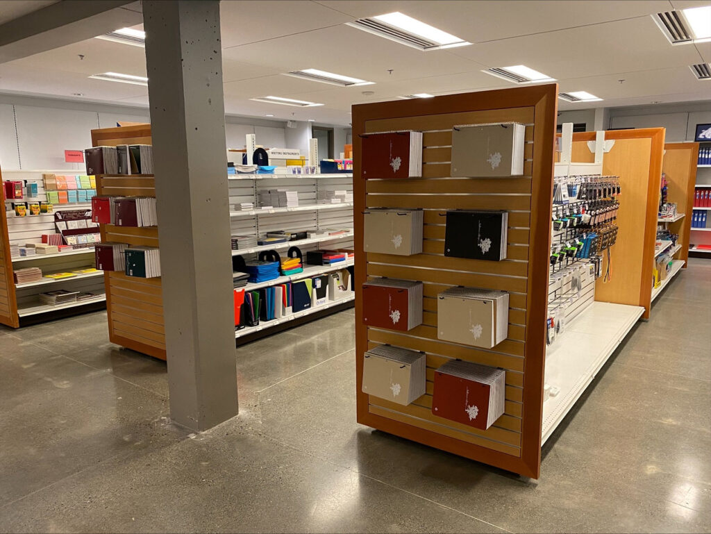 Shelving displays the merchandise at the Bellevue College bookstore.