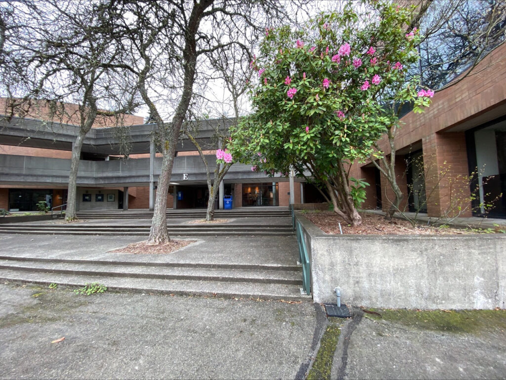 The entrance to Bellevue College's Carlson Theatre, in the springtime.