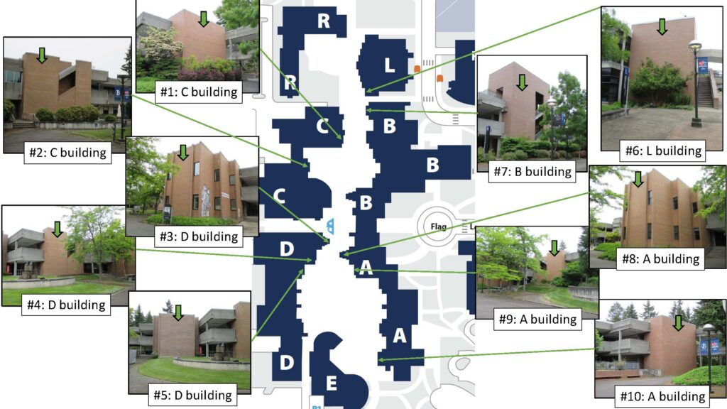 map of mural site locations along outdoor corridor of BC campus