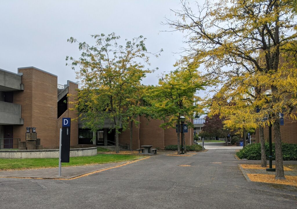 view of the an area of the outdoor pedestrian corridor of Bellevue College's campus that includes mural site locations 4 and 5