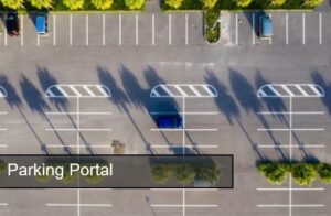 Aerial shot of a parking lot White text Parking Portal