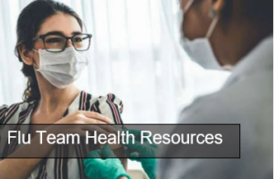 Woman with mask being tended to by a medical professional white text reads Flu Team Health Resources