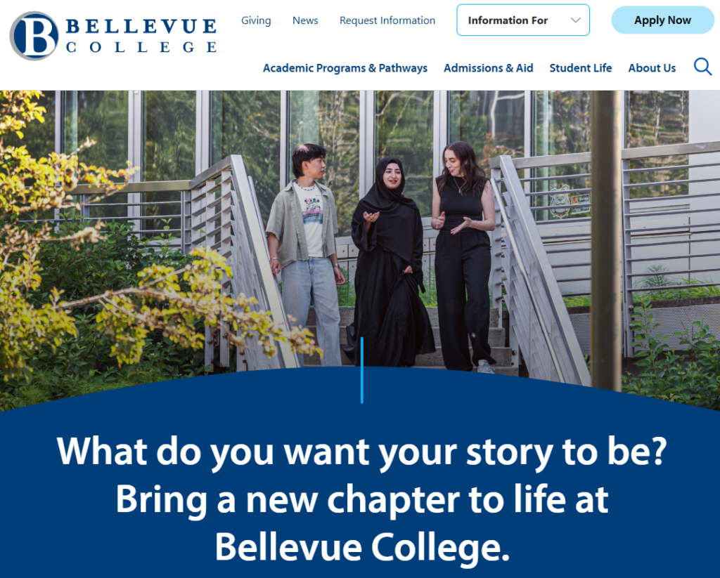 Screenshot of the Bellevue College homepage.