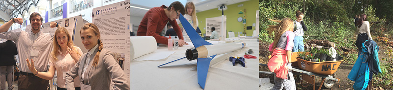 a three photo collage featuring students gathered around their projects, two students working on a project involving a rocket, and students outside helping with a restoration project