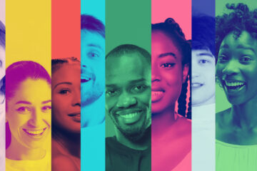 Colorful collage of smiling multiethnic people in vertical panels.