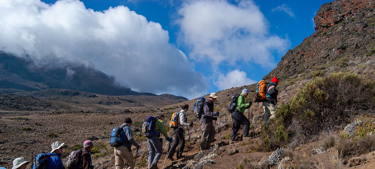 A group of hikers follow a trail in the desert.