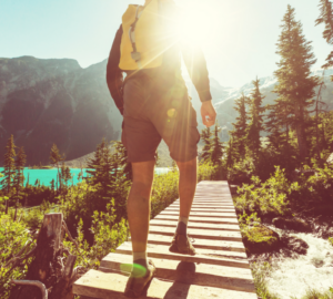 Hiking up a backwoods log bridge