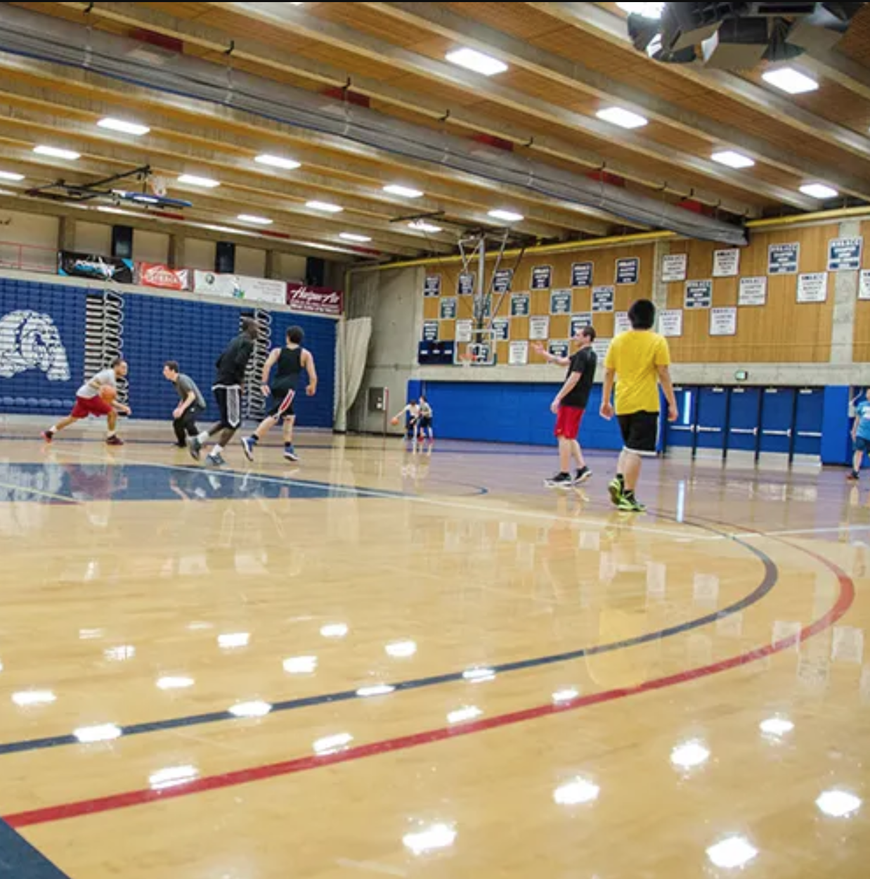Students playing a pickup game of basketball
