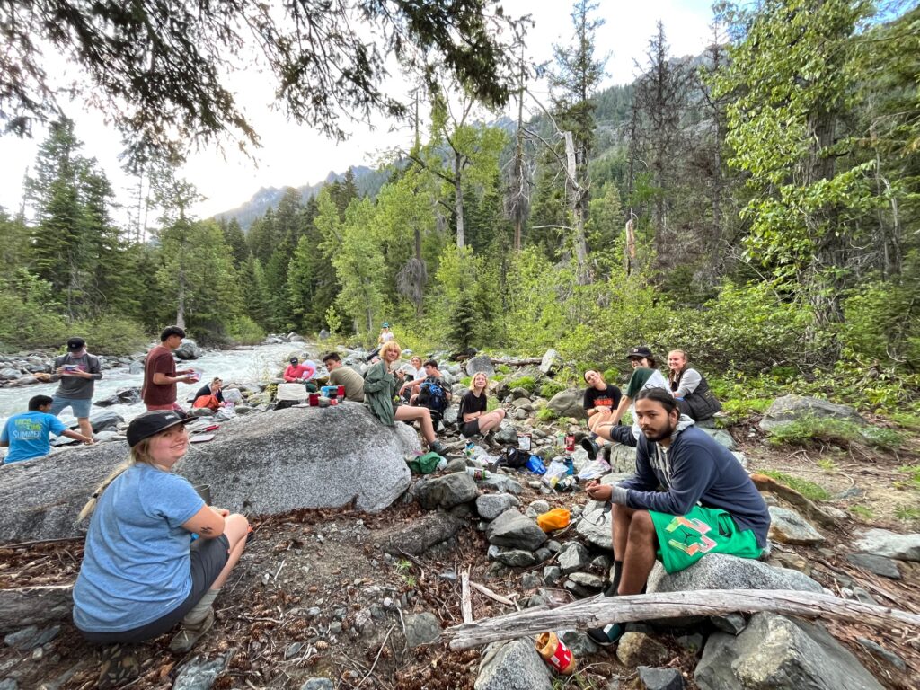 Lunch stop at Ingalls Creek high in the Alpine Lakes Wilderness -- some pretty tired expressions (but still smiling!)