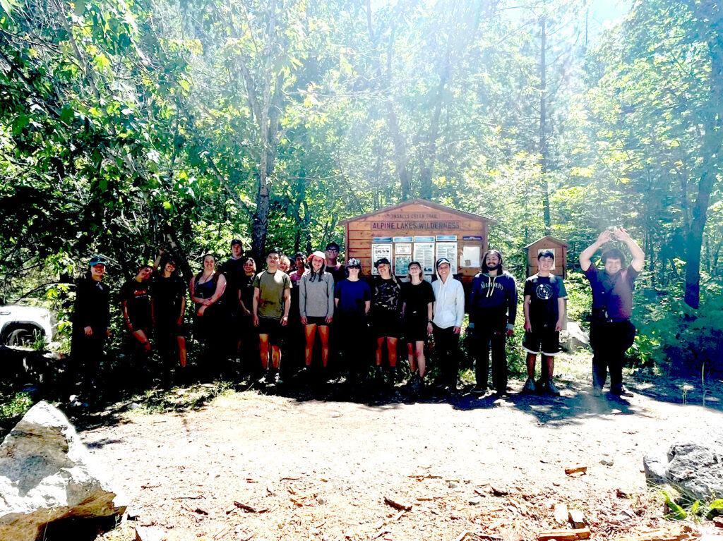 Spirits are high as the team starts out at the Ingalls Creek Trailhead in the Alpine Lakes Wilderness