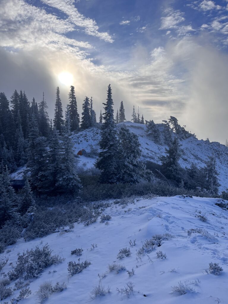 Looking up to Iron Bear Peak in the snow, November.