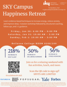 text-only image of SKY Happiness Retreat with a QR code for registration