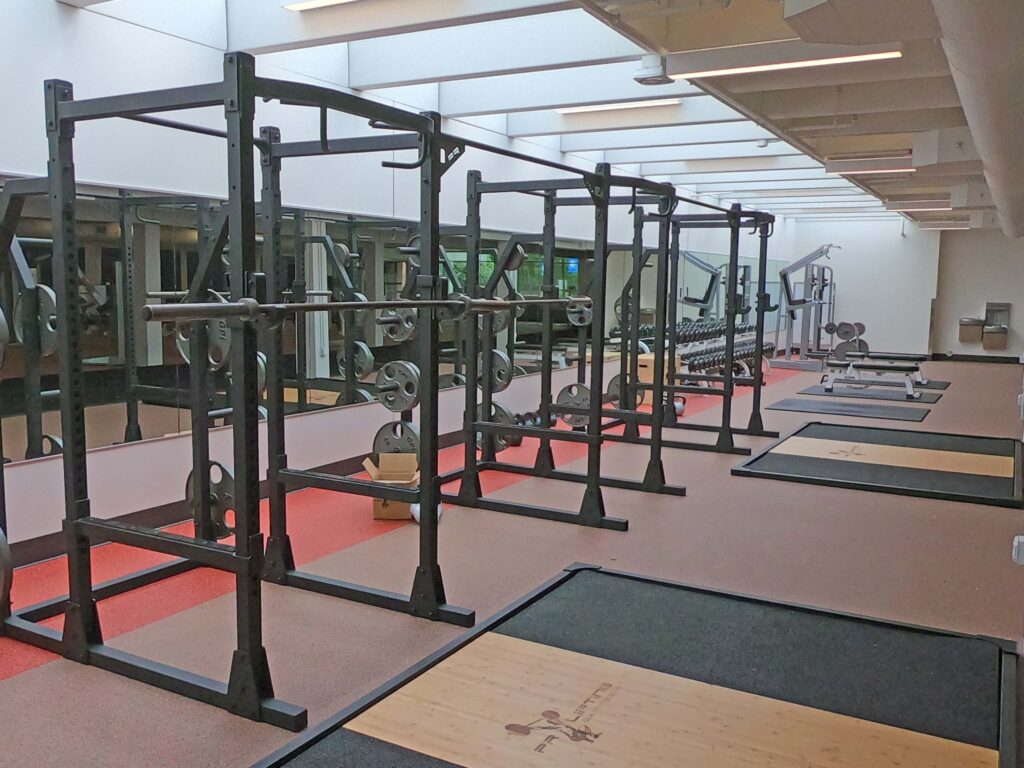 Bank of three squat rack stations in front of a long mirrored wall under broad skylights.