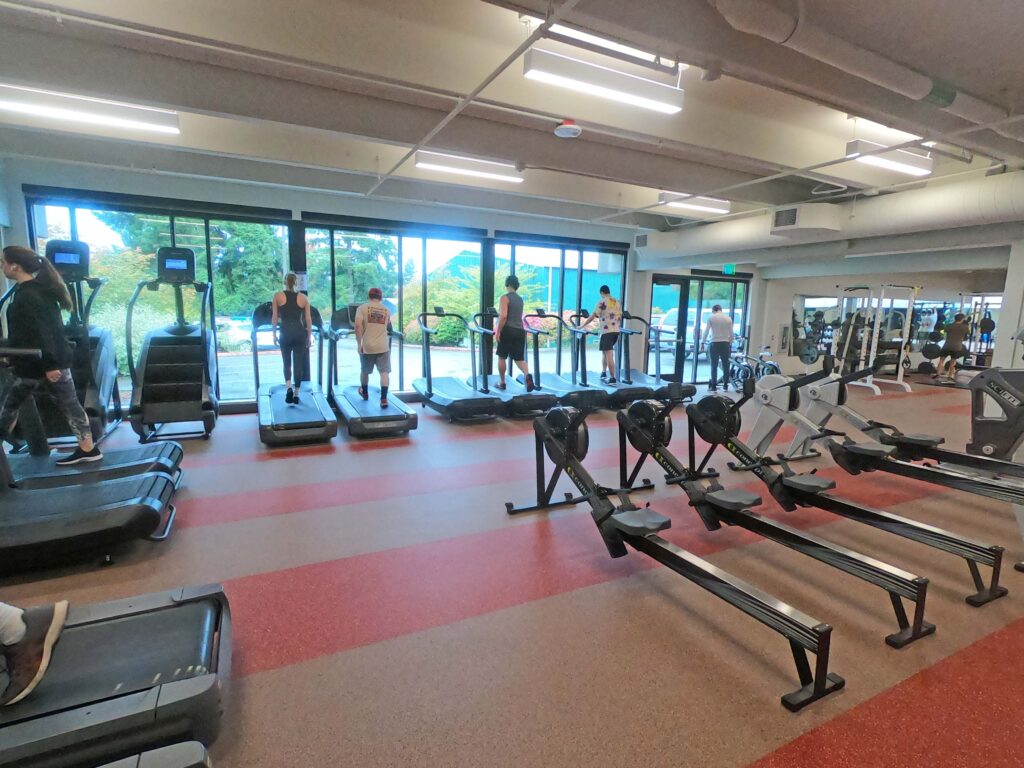 Cardio exercise room with several visitors on treadmills facing large floor to ceiling windows and rowing machines in the foreground.