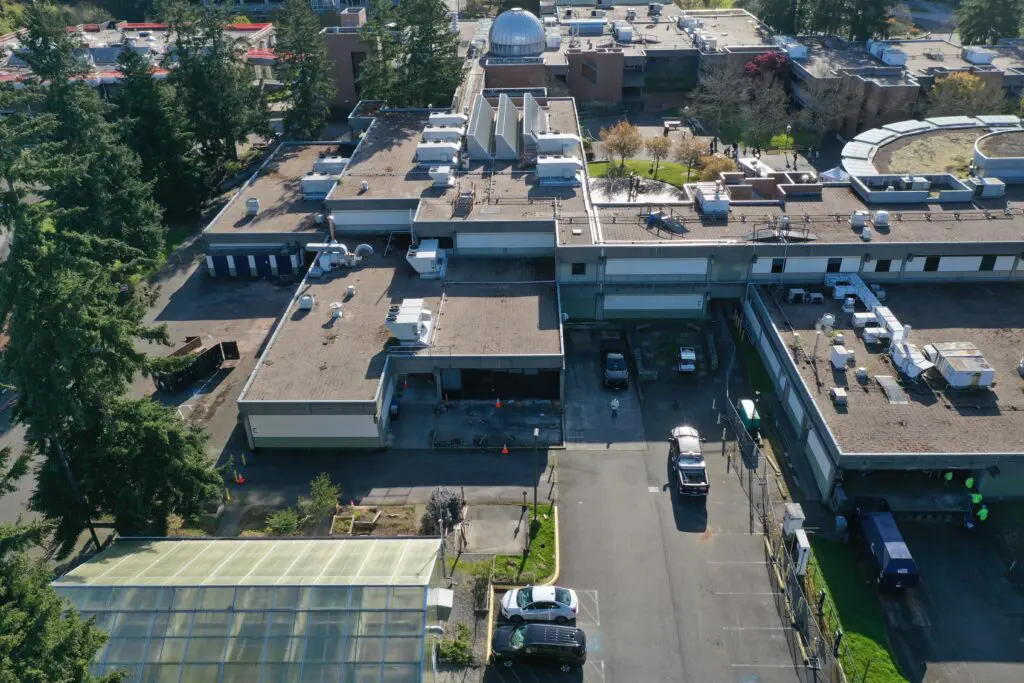 Aerial shot of buildings. 