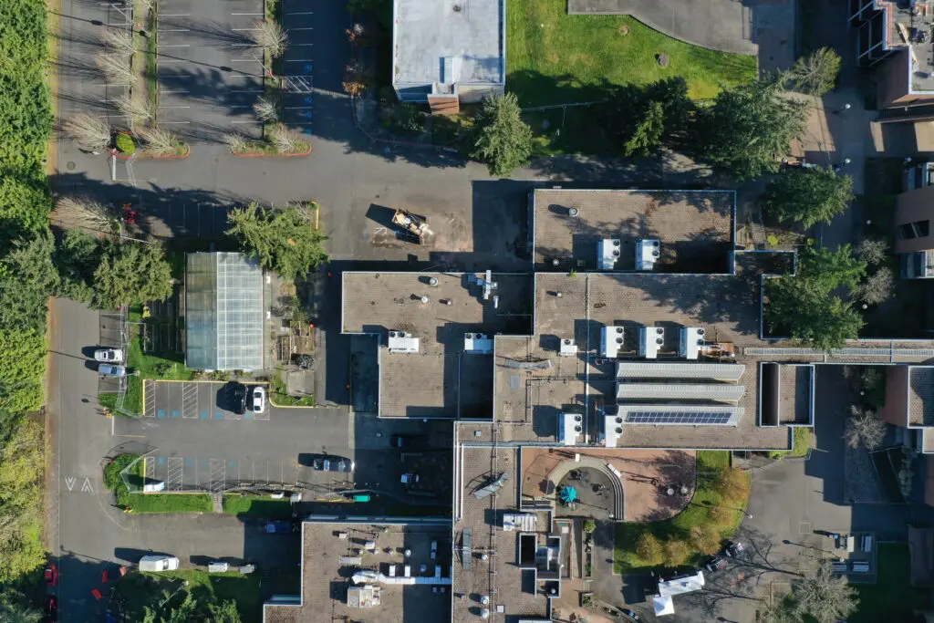 Aerial shot of buildings. 