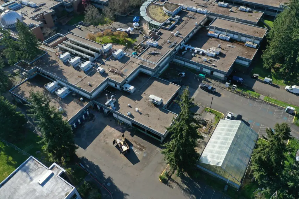 Aerial shot of buildings. 