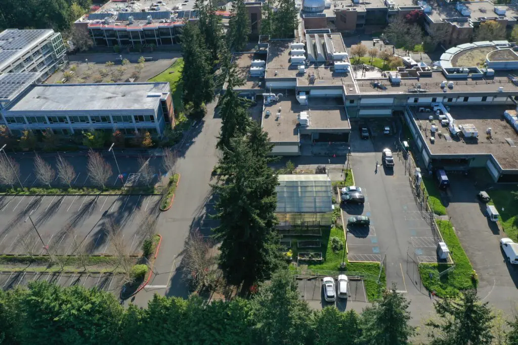 Aerial shot of buildings. 