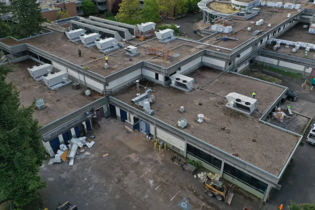 Aerial shot of buildings. 