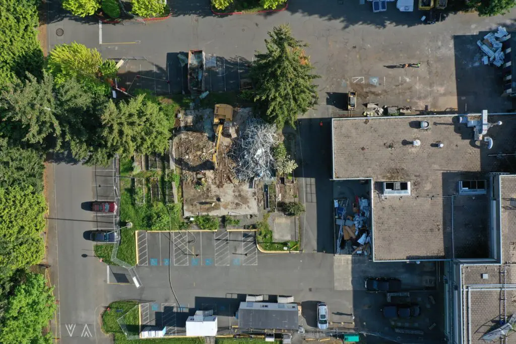 Aerial shot of demolished greenhouse. 