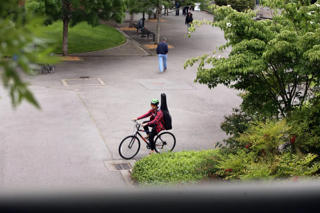 A student bicycles through campus with a guitar case.