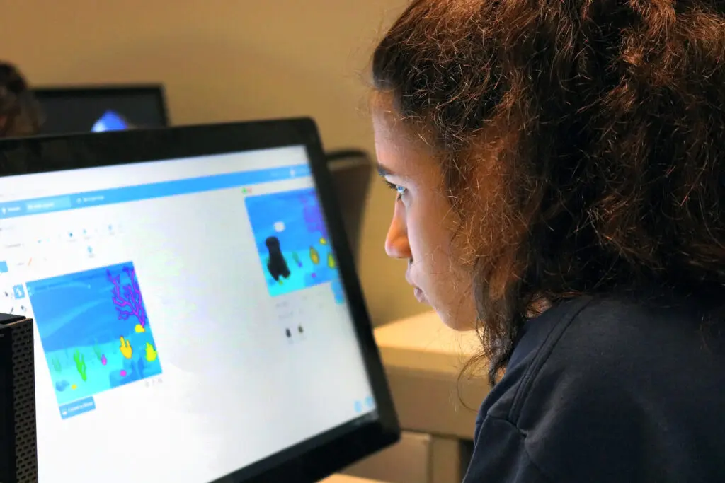A student works at a desktop computer.