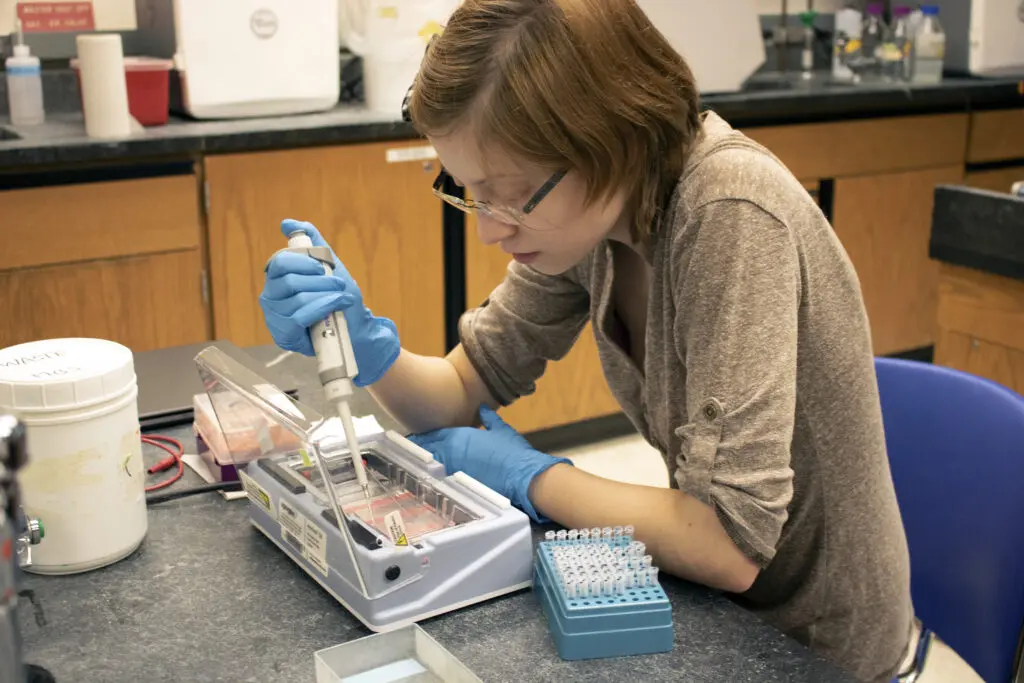 A student works with test tubes in a lab.