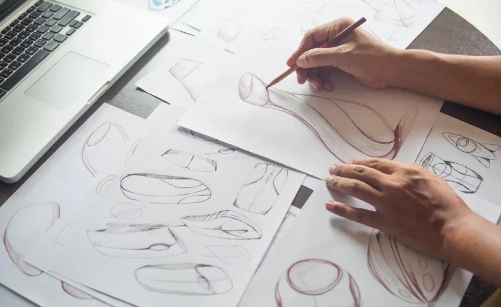 person drawing shapes and a vase on paper with pencil