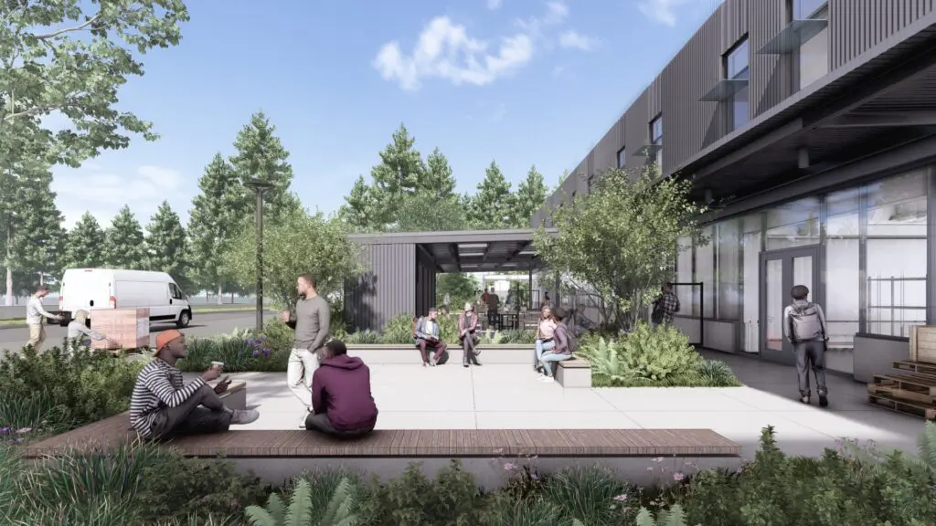 Artist rendering of W Building south outdoor gathering space