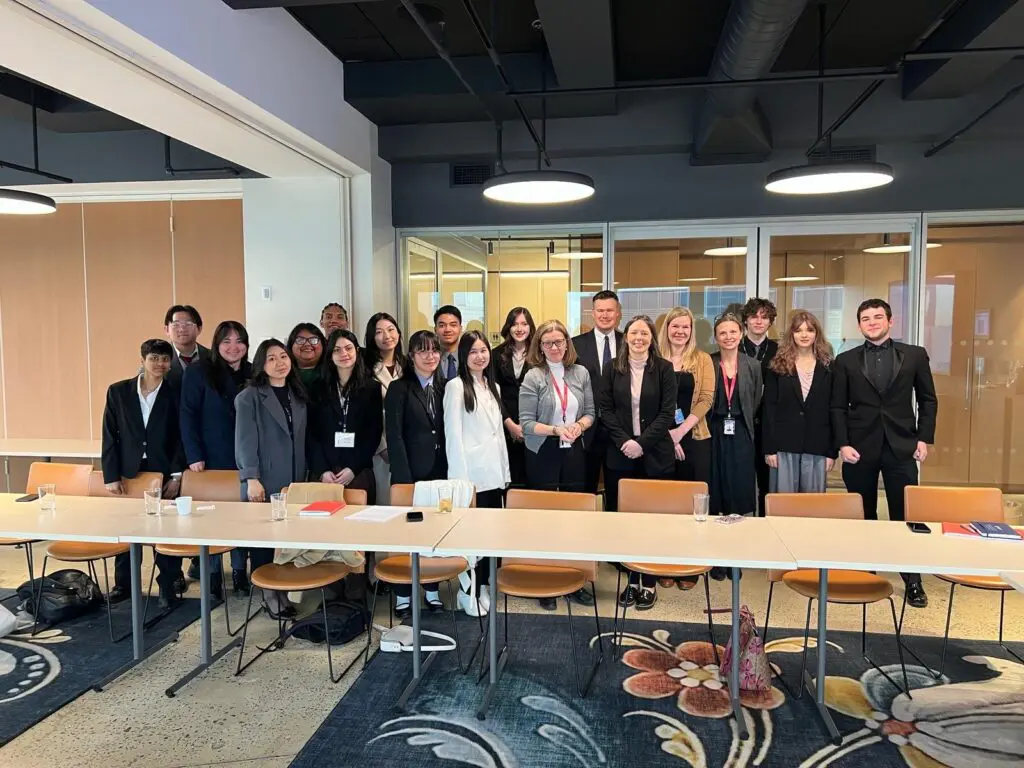 A group photo of the Bellevue College delegations and their advisors with Ambassador Merete Fjeld Brattested, Norway's Permanent Representative to the United Nations